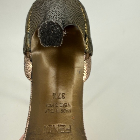 Fendi Metallic Lizard Embossed Strappy Sandals Heels 7/7.5 Gold Bronze Silver - Picture 14 of 15